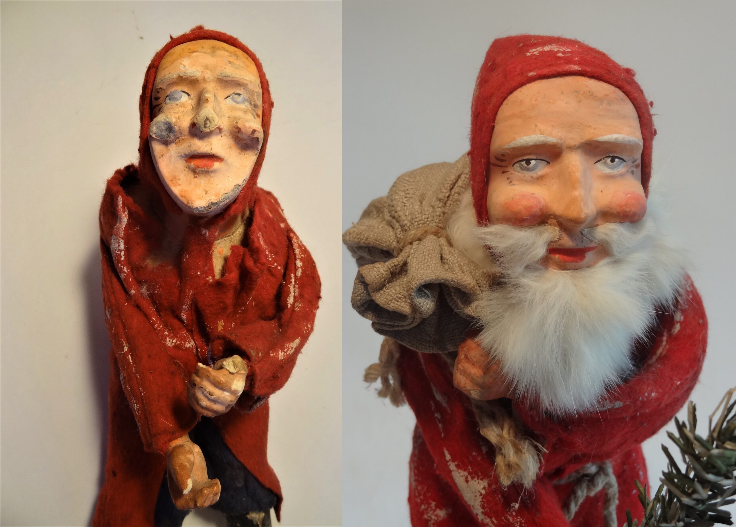 1a Weihnachtsmann, Hersteller_ unbekannt ,Thüringen, um 1920, Figur wurde gerichtet und verleimt, Papiermaché gereinigt und teilweise vervollständigt, Bart und Zubehör ergänzt, farbliche Retusche_